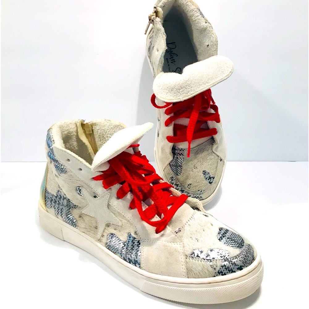 DYLAN SKYE Calf Hair Leather Sneakers Shoes Grey Gold Red Lace Made in Italy 39